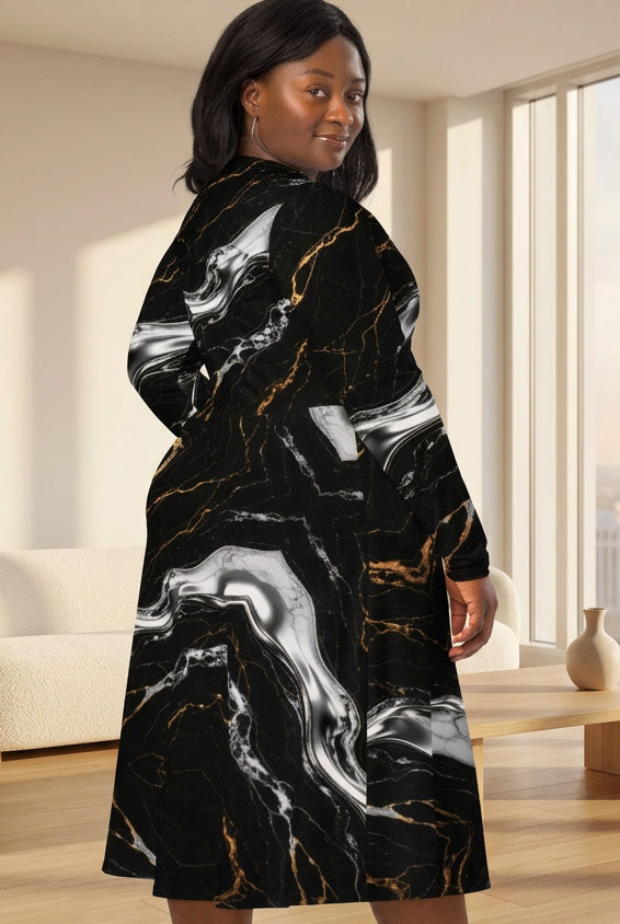 Obsidian Marble Long Sleeve Midi Dress