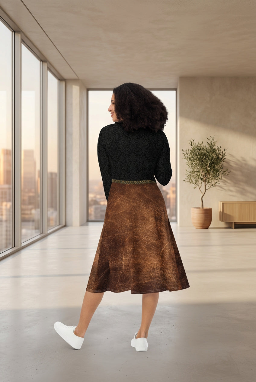 Velvet Ink Market Black Regal Leaf Long Sleeve Midi Dress, back view featuring an ornate black leaf-and-scroll pattern.