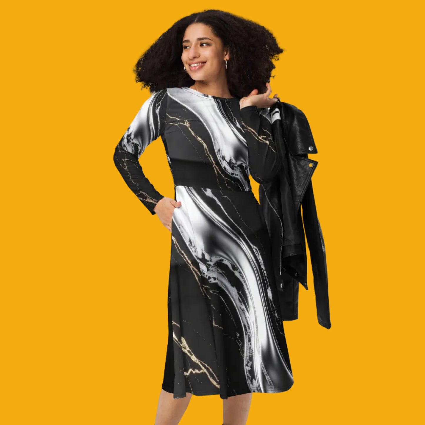 V.I.M Obsidian Shadow and Gold All-Over Print Long Sleeve Midi Dress - Velvet Ink Market (V.I.M)
