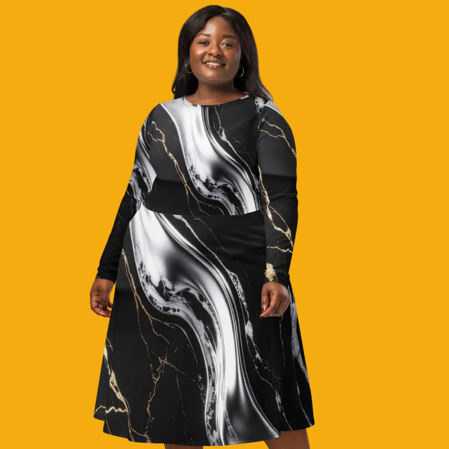 V.I.M Obsidian Shadow and Gold All-Over Print Long Sleeve Midi Dress - Velvet Ink Market (V.I.M)