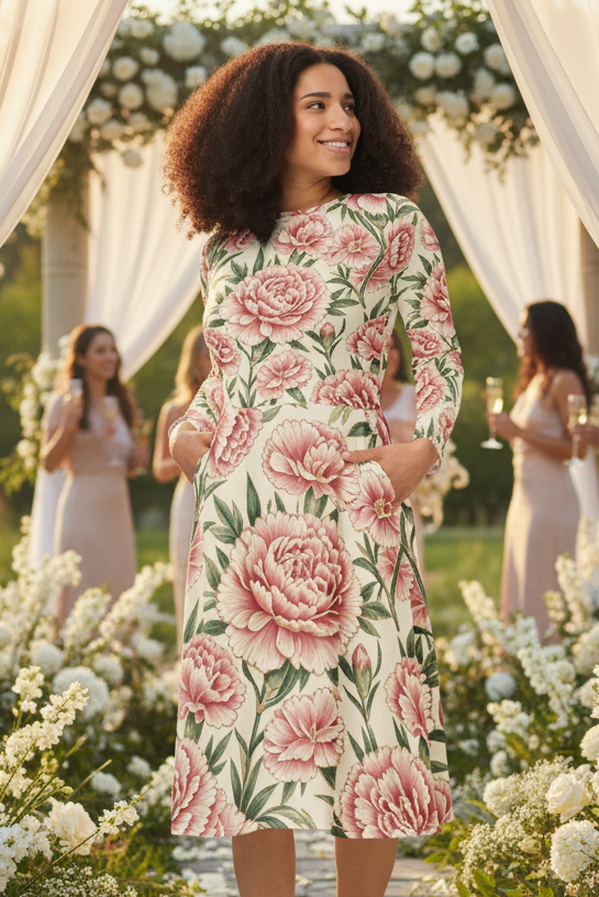 V.I.M Bold Floral Design All-Over Print Long Sleeve Midi Dress - Velvet Ink Market (V.I.M)