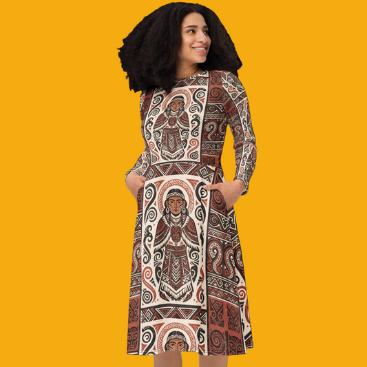 V.I.M Mauri Tribal All-Over Print Long Sleeve Midi Dress - Velvet Ink Market (V.I.M)