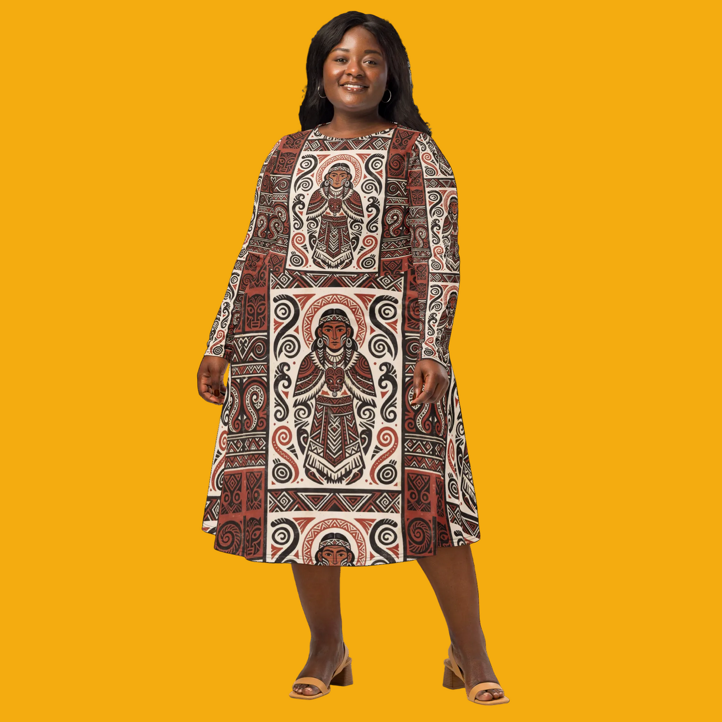V.I.M Mauri Tribal All-Over Print Long Sleeve Midi Dress - Velvet Ink Market (V.I.M)