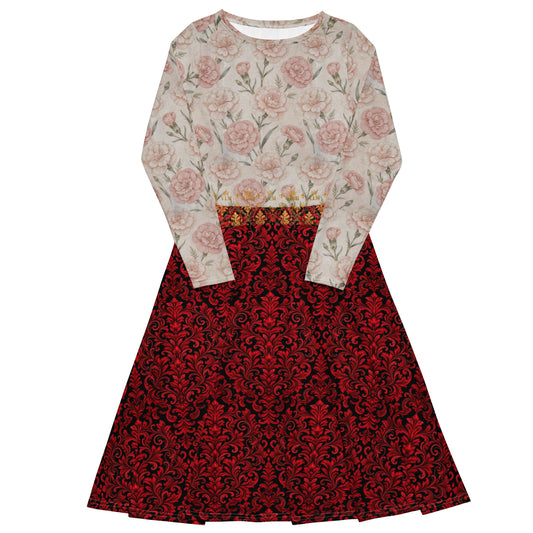 Velvet Ink Market Blush Rose & Red Damask Midi Dress, front view featuring pink roses and red and black damask patterns (additional photo 3).
