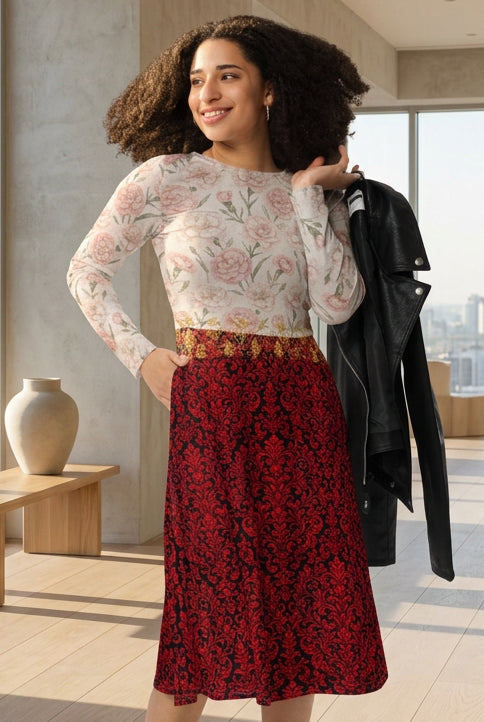 A woman modeling a long-sleeve sheer floral top paired with a red and black patterned midi skirt, holding a black leather jacket over her shoulder against a plain white background.