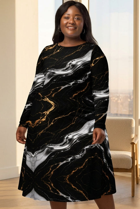 Obsidian Marble Long Sleeve Midi Dress