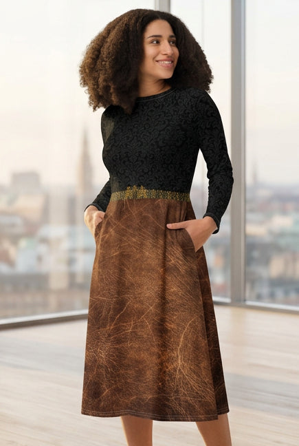 Velvet Ink Market Black Regal Leaf Long Sleeve Midi Dress, front view featuring an ornate black leaf-and-scroll pattern.