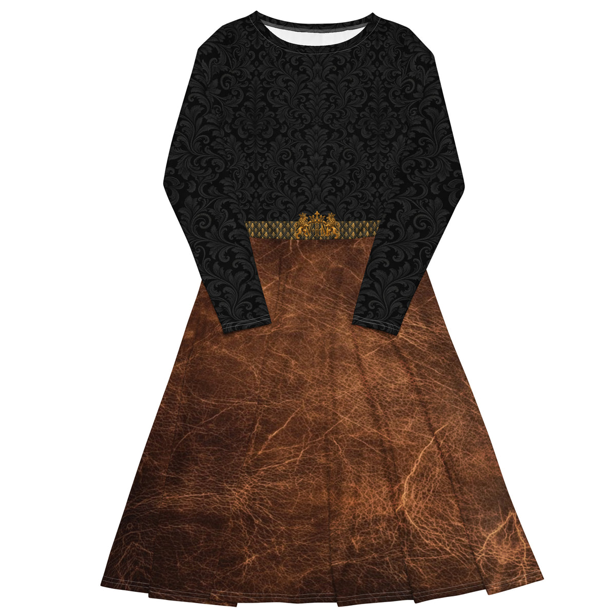 Velvet Ink Market Black Regal Leaf Long Sleeve Midi Dress, front view featuring an ornate black leaf-and-scroll pattern (additional photo 2).