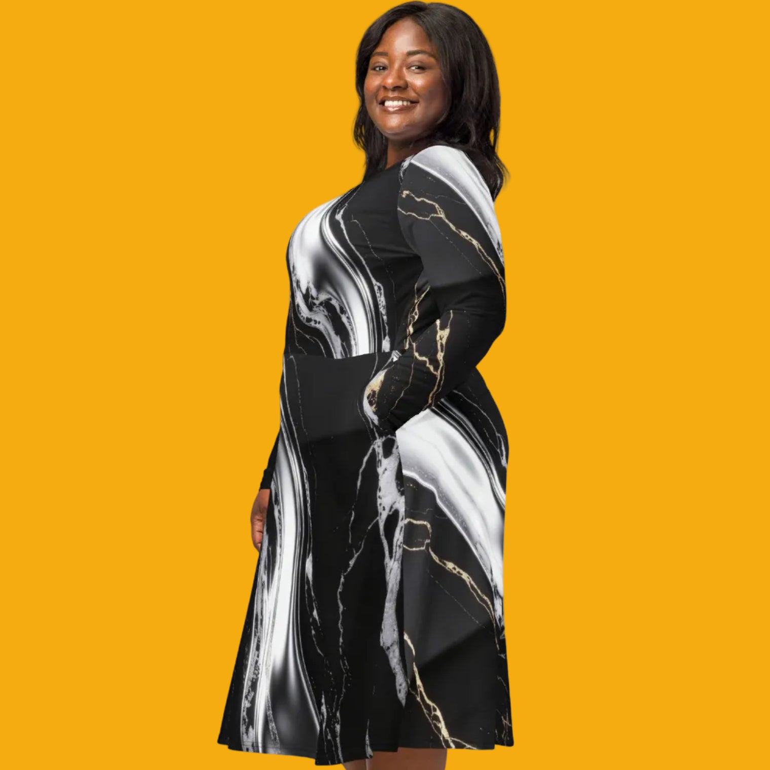V.I.M Obsidian Shadow and Gold All-Over Print Long Sleeve Midi Dress - Velvet Ink Market (V.I.M)