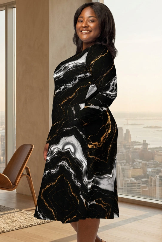 Obsidian Marble Long Sleeve Midi Dress
