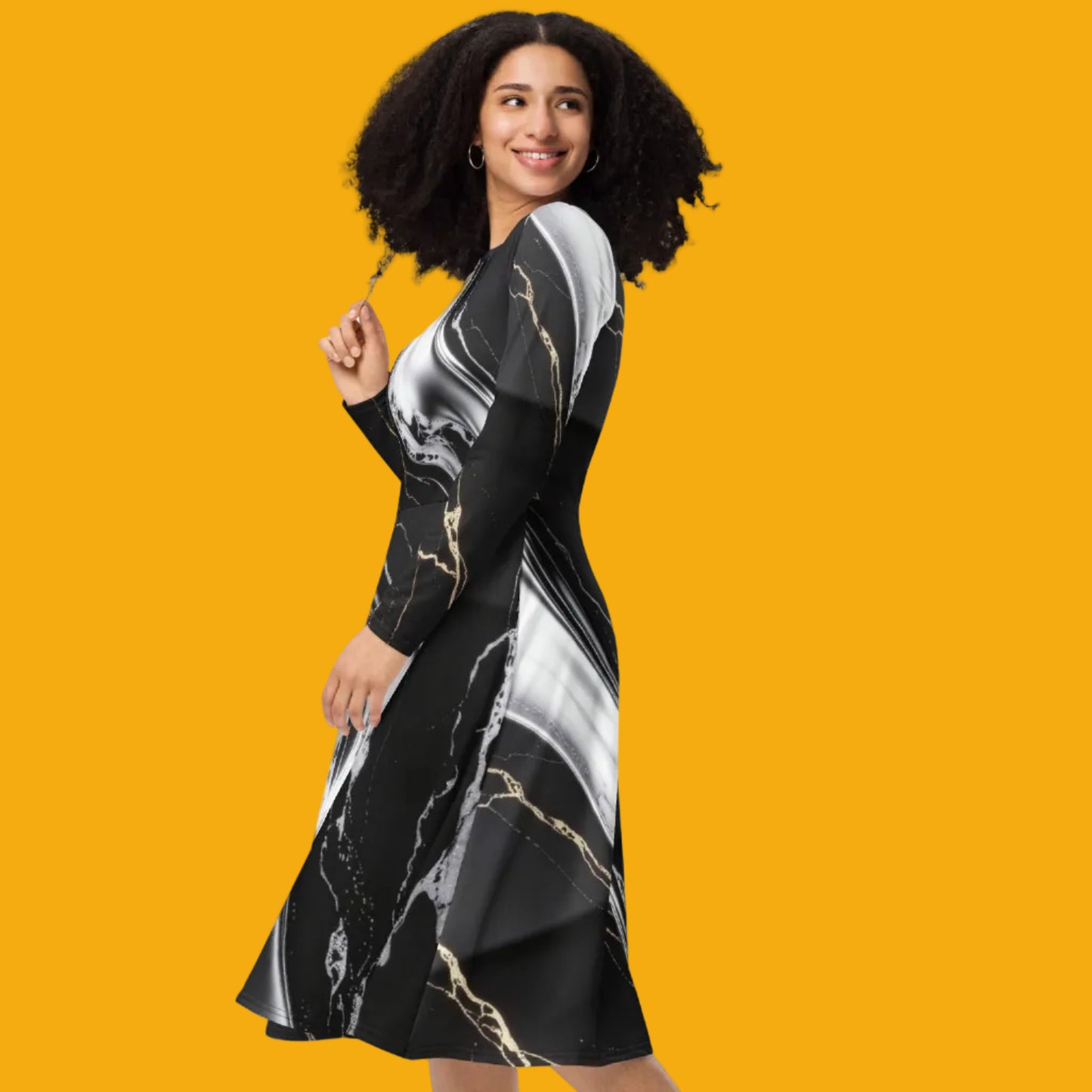V.I.M Obsidian Shadow and Gold All-Over Print Long Sleeve Midi Dress - Velvet Ink Market (V.I.M)