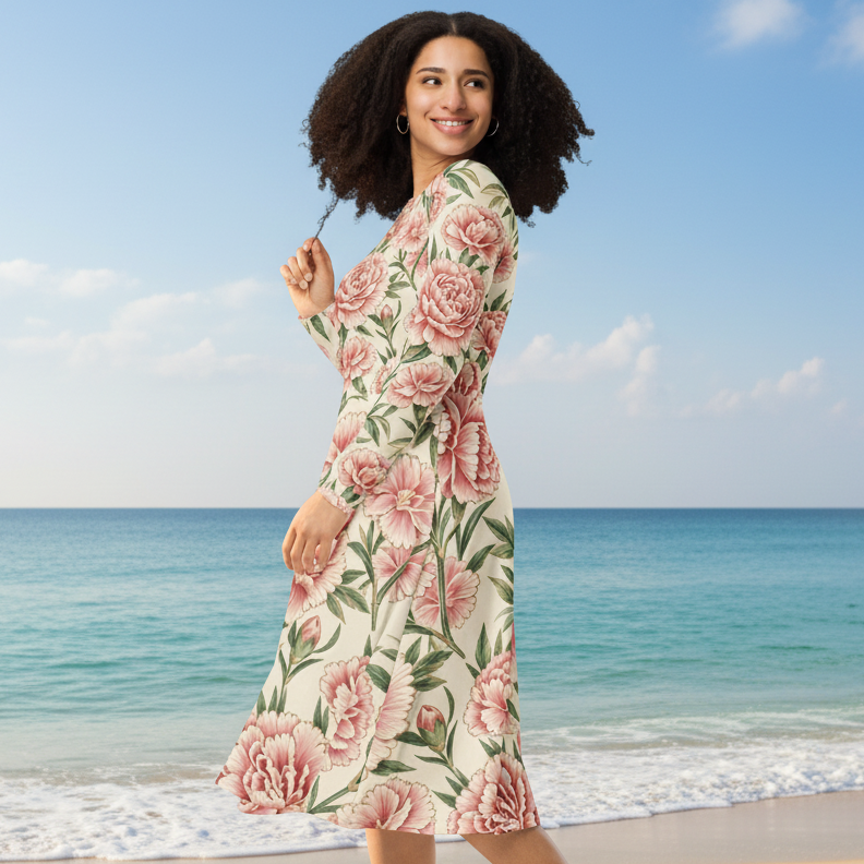 V.I.M Bold Floral Design All-Over Print Long Sleeve Midi Dress - Velvet Ink Market (V.I.M)