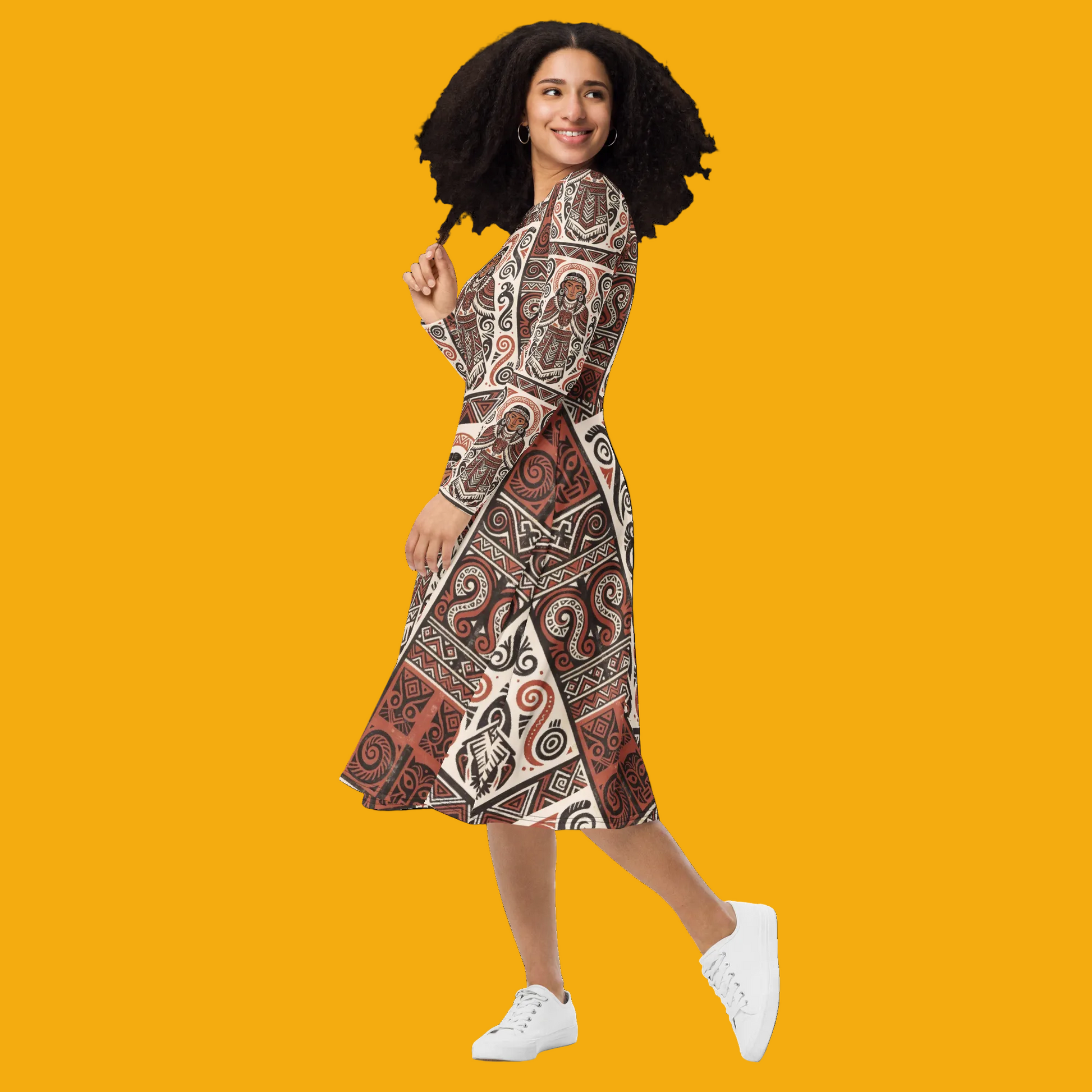 V.I.M Mauri Tribal All-Over Print Long Sleeve Midi Dress - Velvet Ink Market (V.I.M)