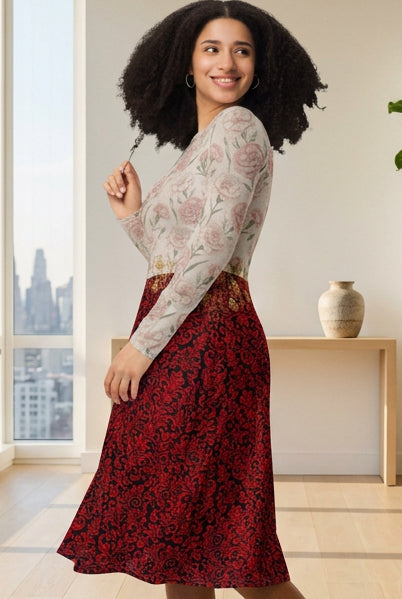 A woman modeling a two-piece outfit consisting of a sheer long-sleeve top with a light pink floral pattern and a red midi skirt with a black floral print, standing in a bright room with a window view of a city skyline.