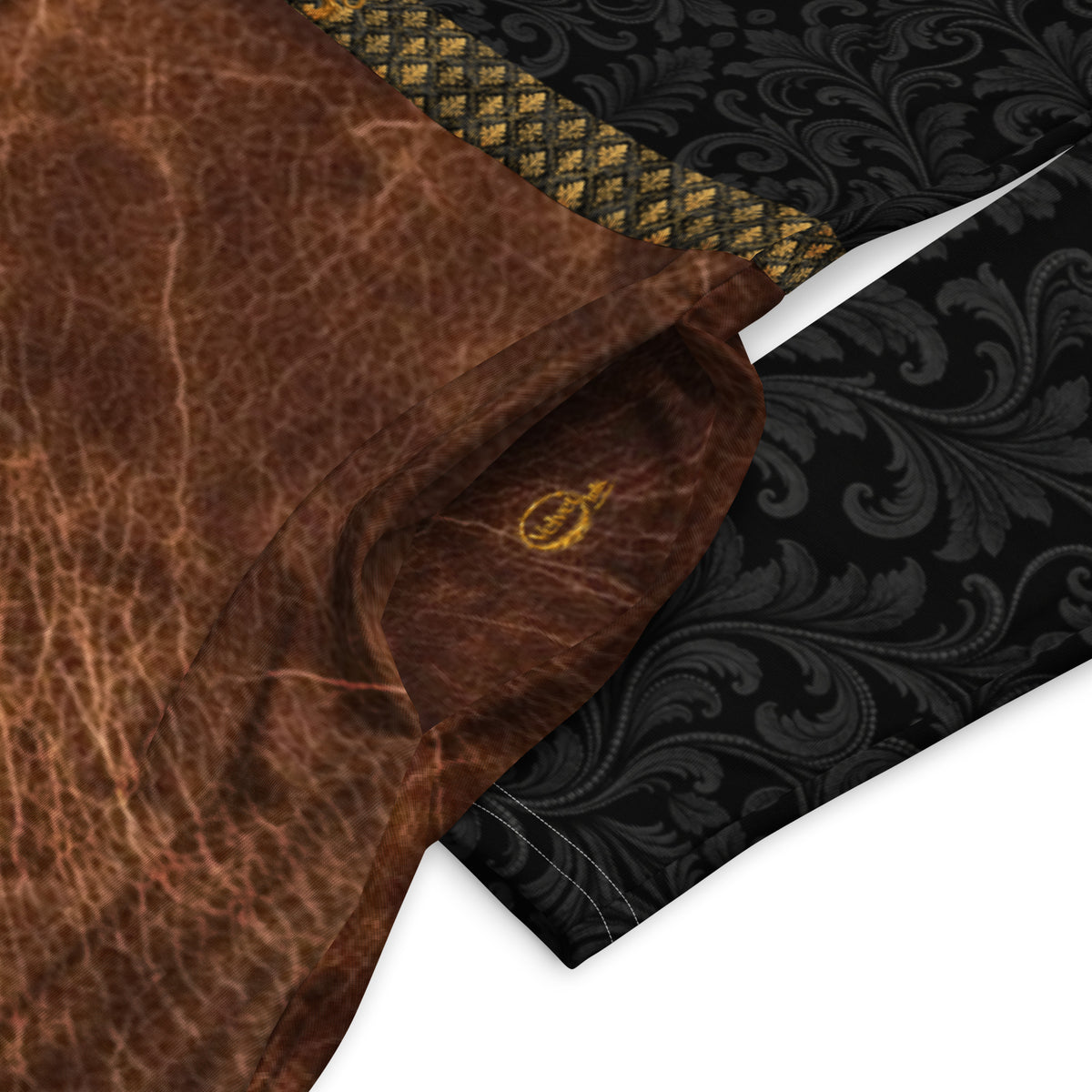 Velvet Ink Market Black Regal Leaf Long Sleeve Midi Dress, close-up product detail featuring an ornate black leaf-and-scroll pattern.