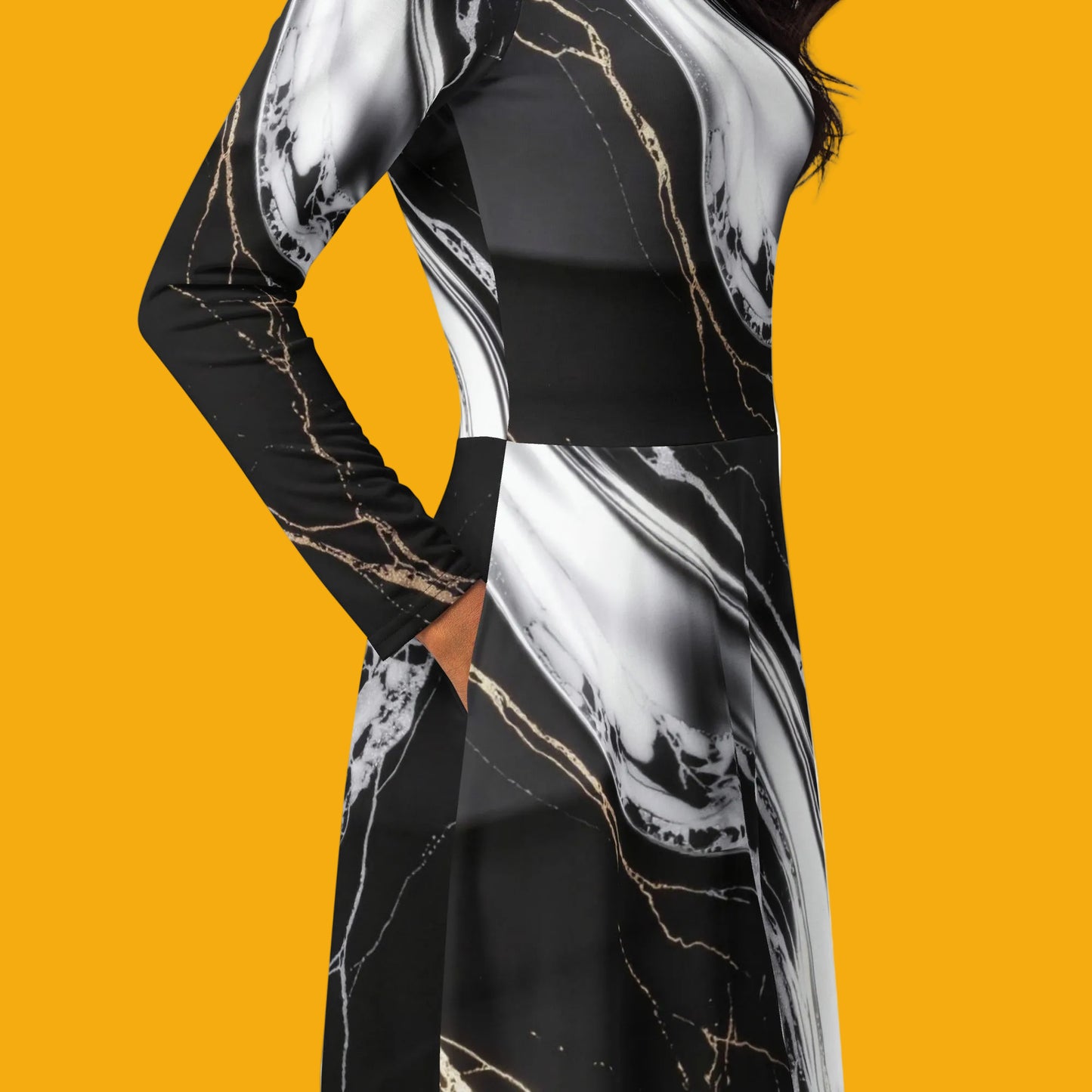 V.I.M Obsidian Shadow and Gold All-Over Print Long Sleeve Midi Dress - Velvet Ink Market (V.I.M)