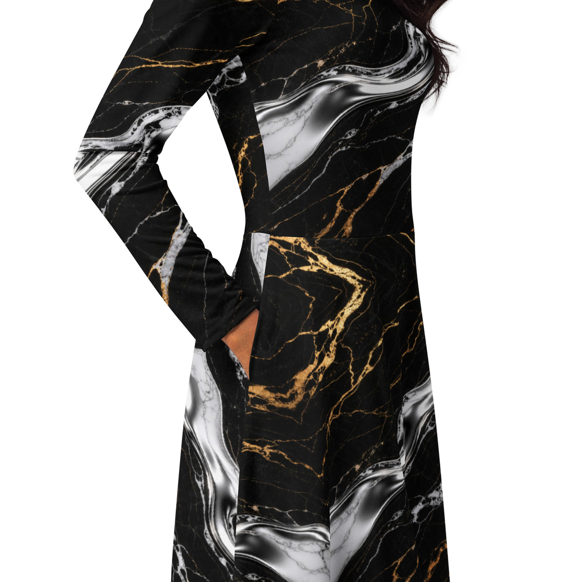 Obsidian Marble Long Sleeve Midi Dress