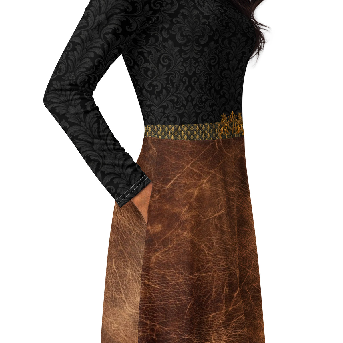 Velvet Ink Market Black Regal Leaf Long Sleeve Midi Dress, close-up product detail featuring an ornate black leaf-and-scroll pattern (additional photo 3).