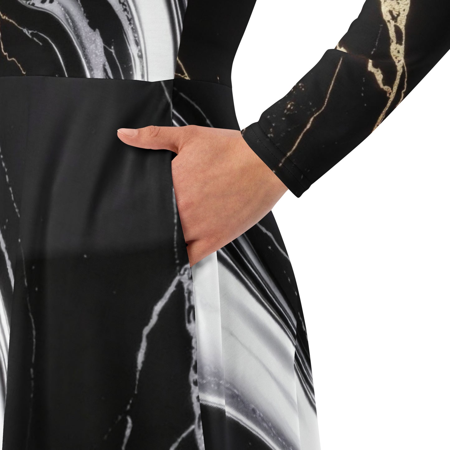 V.I.M Obsidian Shadow and Gold All-Over Print Long Sleeve Midi Dress - Velvet Ink Market (V.I.M)
