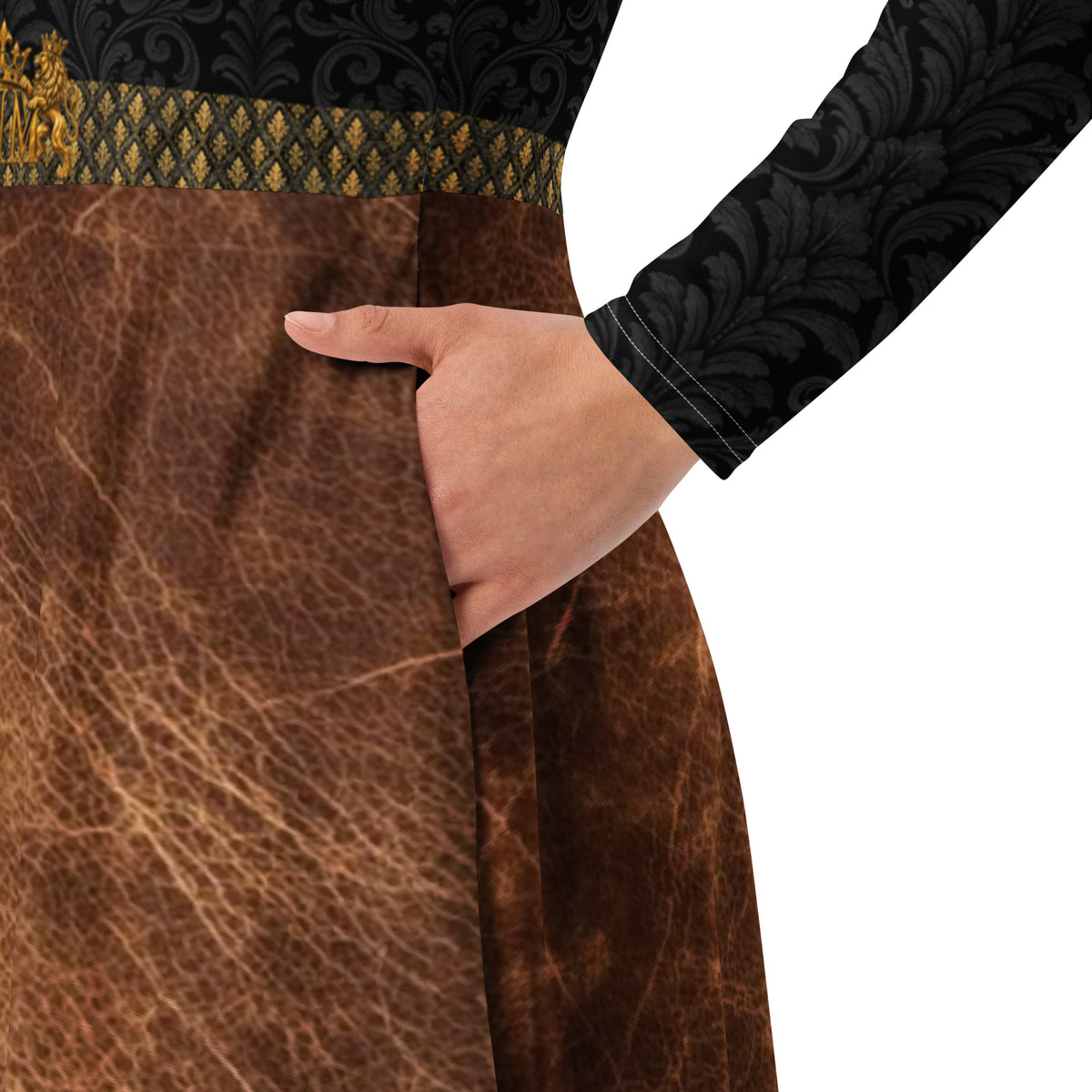 Velvet Ink Market Black Regal Leaf Long Sleeve Midi Dress, close-up product detail featuring an ornate black leaf-and-scroll pattern (additional photo 2).