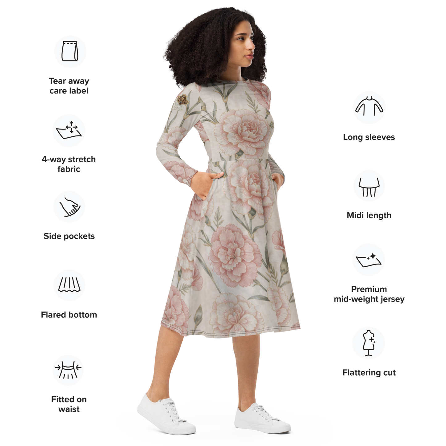V.I.M Floral All-Over Print Long Sleeve Midi Dress - Velvet Ink Market (V.I.M)