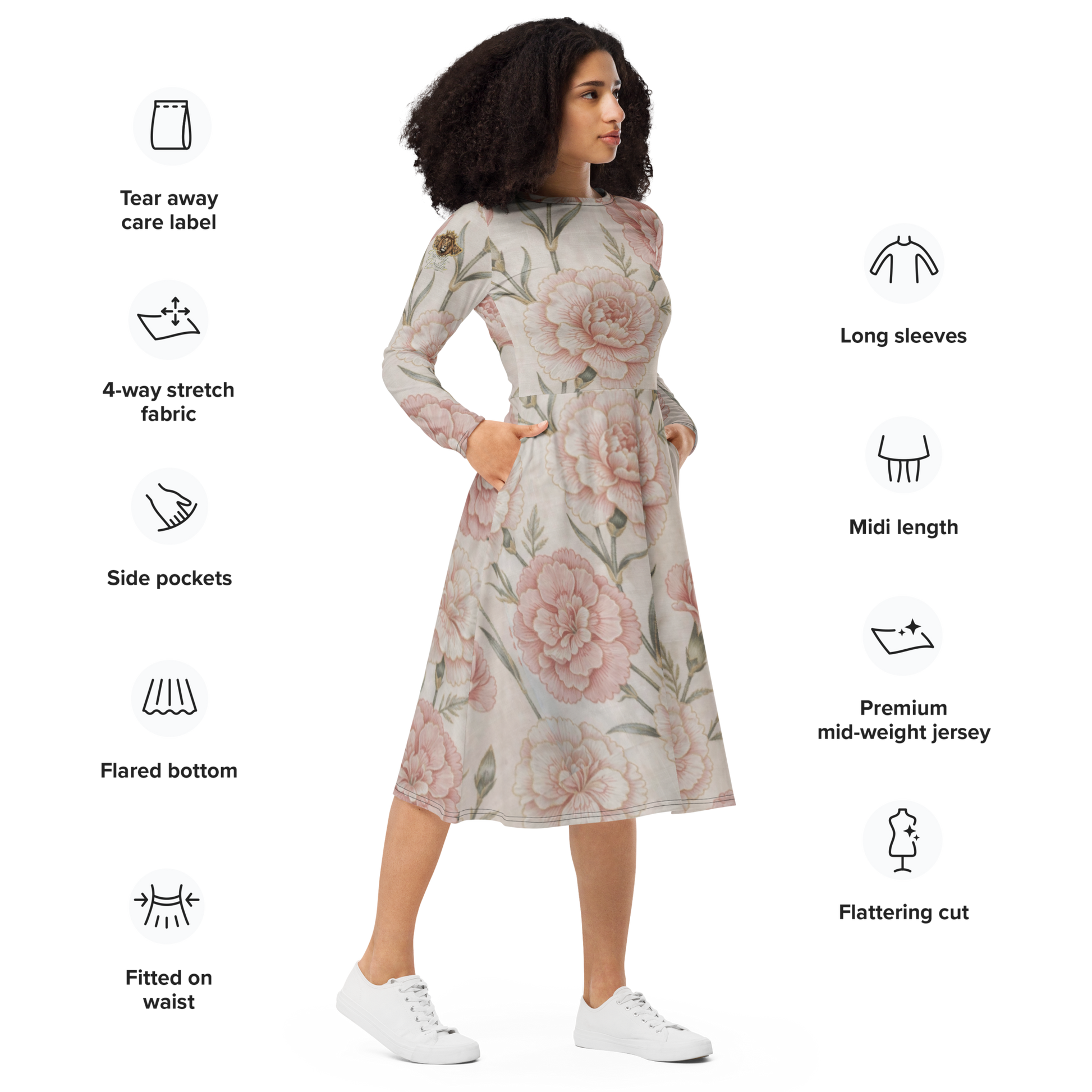 V.I.M Floral All-Over Print Long Sleeve Midi Dress - Velvet Ink Market (V.I.M)