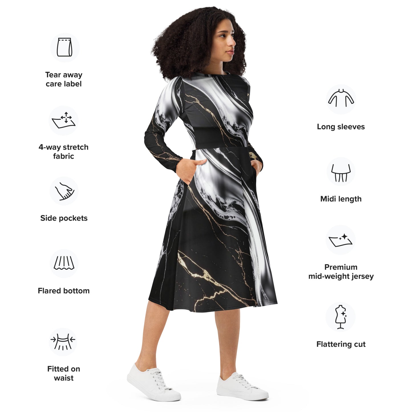 V.I.M Obsidian Shadow and Gold All-Over Print Long Sleeve Midi Dress - Velvet Ink Market (V.I.M)