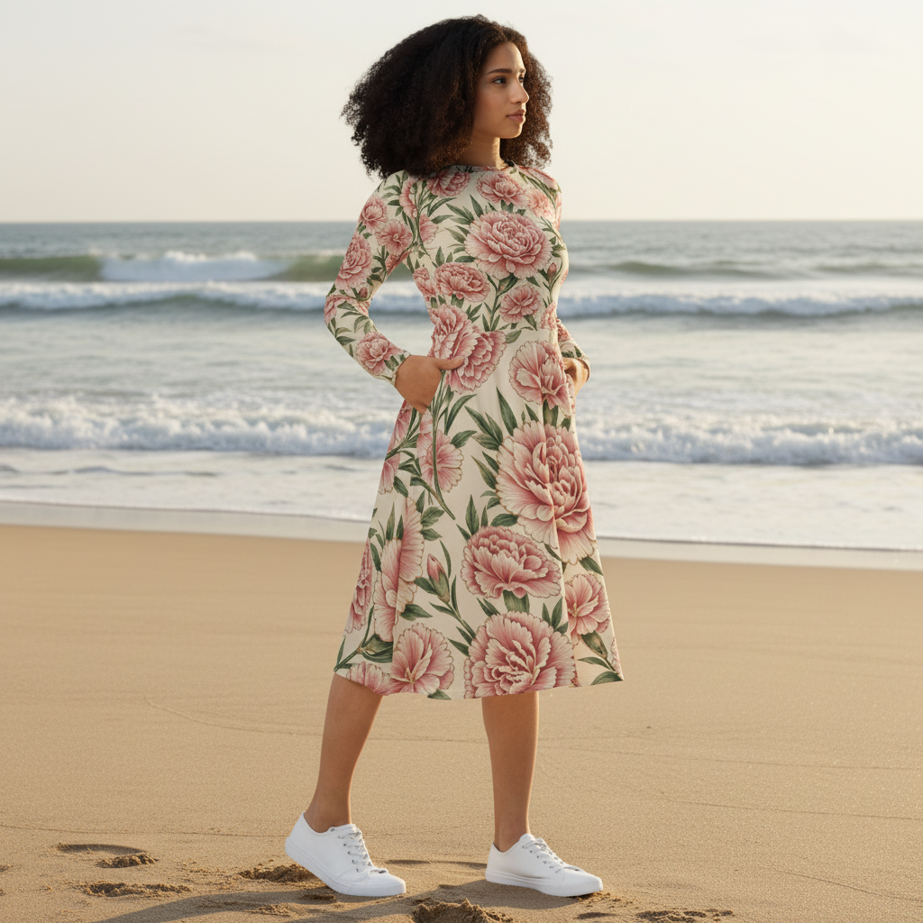 V.I.M Bold Floral Design All-Over Print Long Sleeve Midi Dress - Velvet Ink Market (V.I.M)