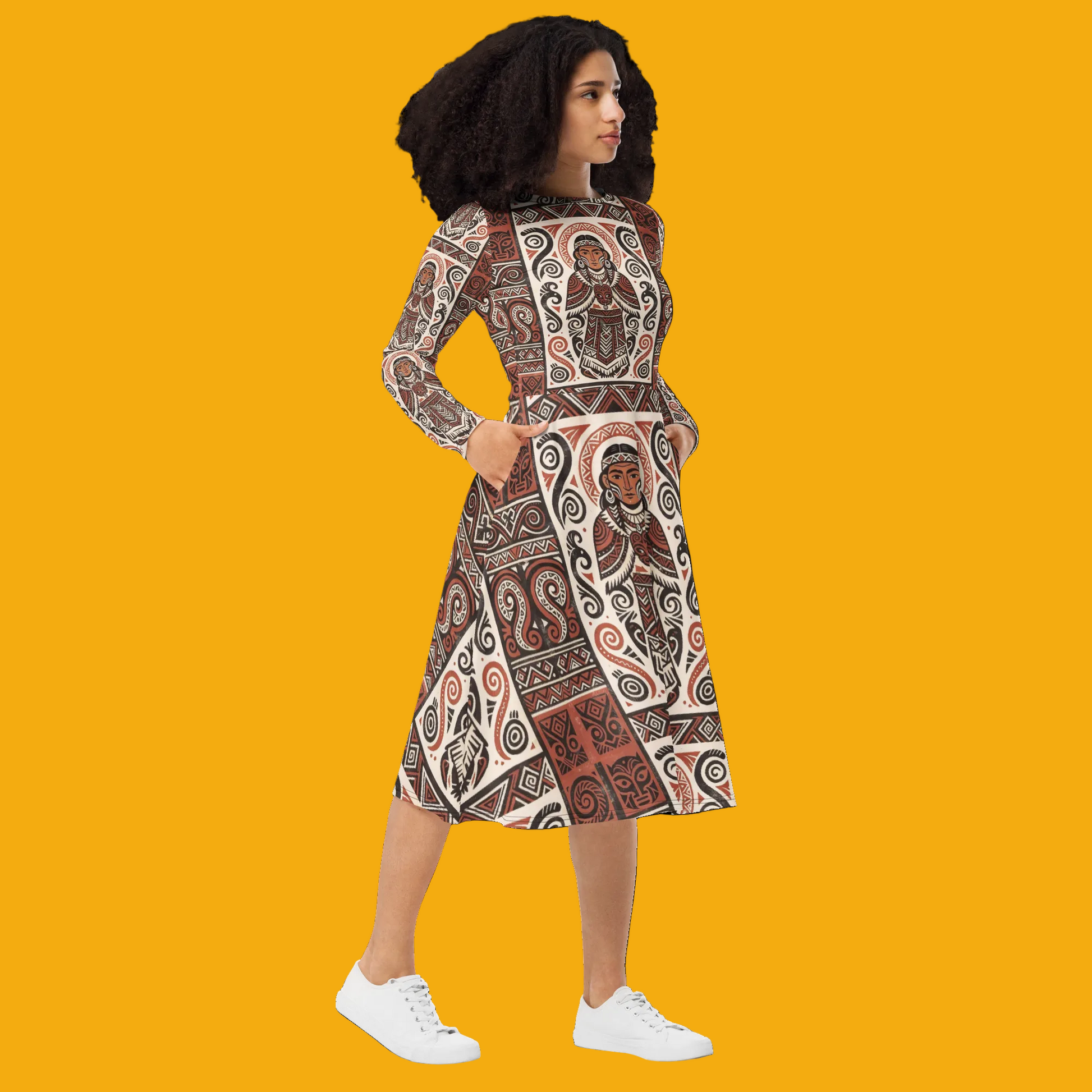 V.I.M Mauri Tribal All-Over Print Long Sleeve Midi Dress - Velvet Ink Market (V.I.M)