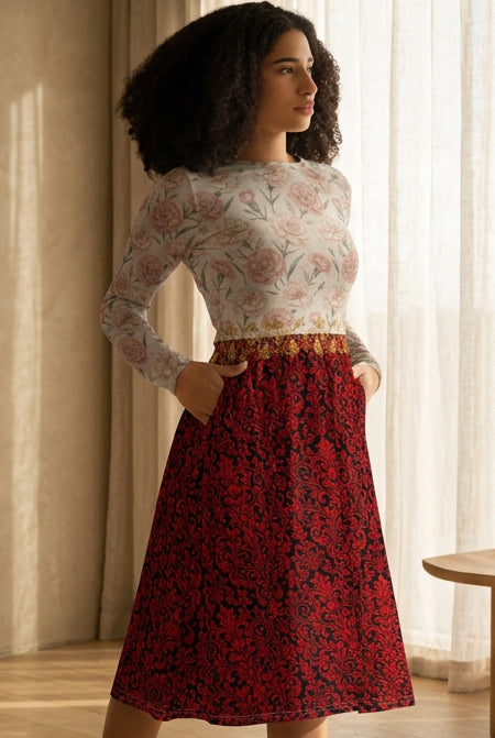 A woman modeling a long-sleeve top with a light pink and green floral pattern and a red and black floral skirt, paired with white sneakers, against a plain white background.