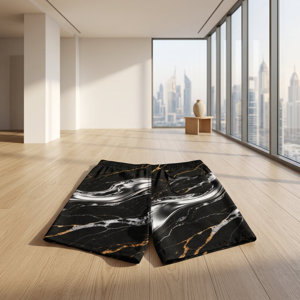 Alternate back view of V.I.M Shadow & Gold Marble Board Shorts with gold-toned marble detailing