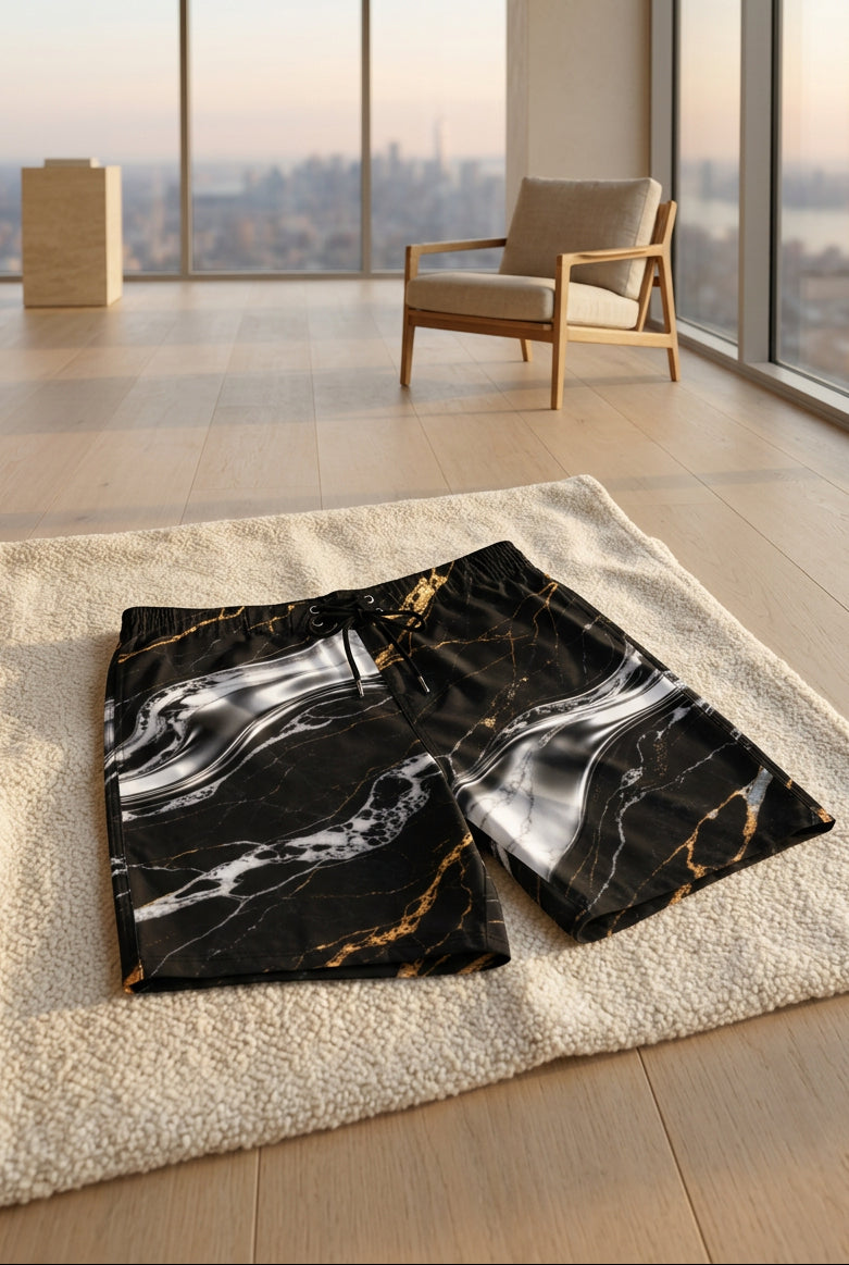 Alternate front view of V.I.M Shadow & Gold Marble Board Shorts featuring white marble-effect swirls