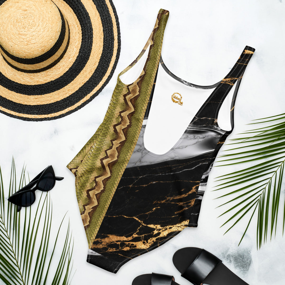 V.I.M Gold Snake Print and Black Marble One-Piece Swimsuit – alternate rear product image