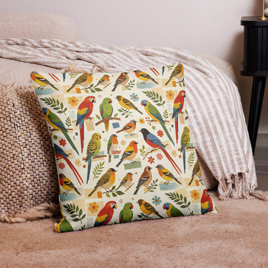 V.I.M Colourful Birds & Flowers Pillow, 22 × 22-inch front view with parrots and floral botanical artwork