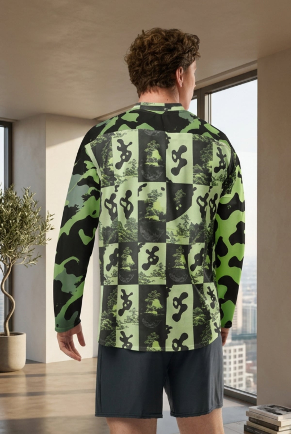 Velvet Ink Market Stay Wild Lion Green Camo Hockey Fan Jersey, back view featuring a crowned lion with sunglasses on green camouflage.
