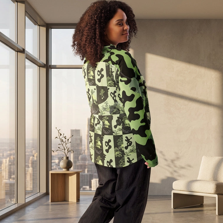 Velvet Ink Market Stay Wild Lion Green Camo Hockey Fan Jersey, back view featuring a crowned lion with sunglasses on green camouflage (additional photo 2).