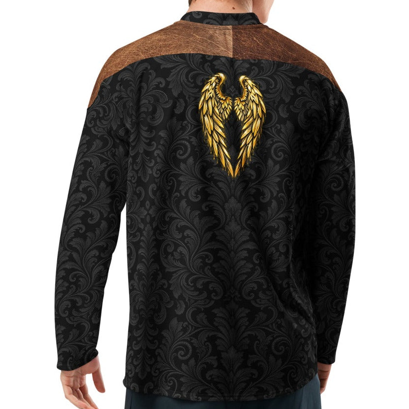 Velvet Ink Market Regal Black Leaf Lion Hockey Fan Jersey, back view featuring a gold lion on an ornate black leaf pattern.