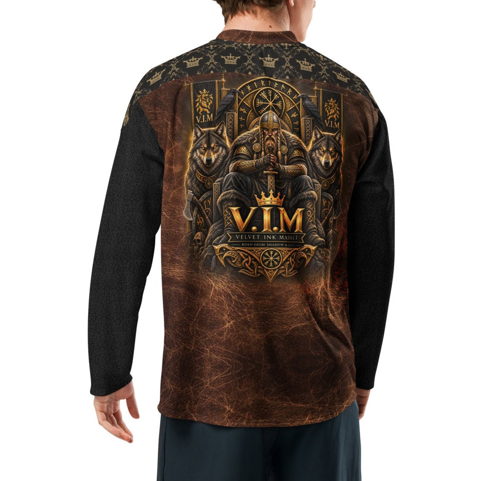 V.I.M British Roots Viking and Wolves hockey jersey back, seated Norse warrior with sword, wolves and ravens