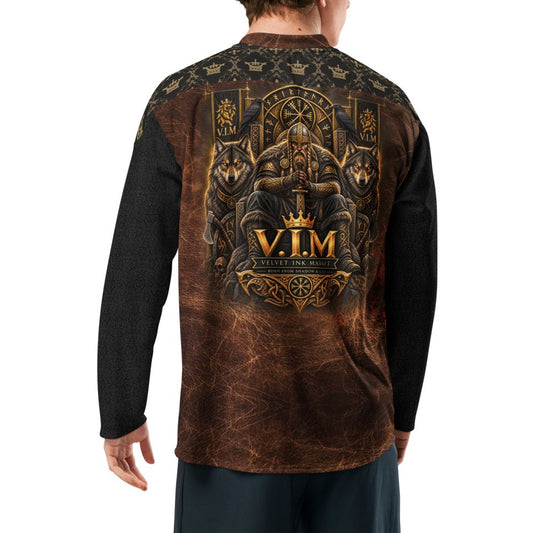 V.I.M British Roots Viking and Wolves hockey jersey back, seated Norse warrior with sword, wolves and ravens