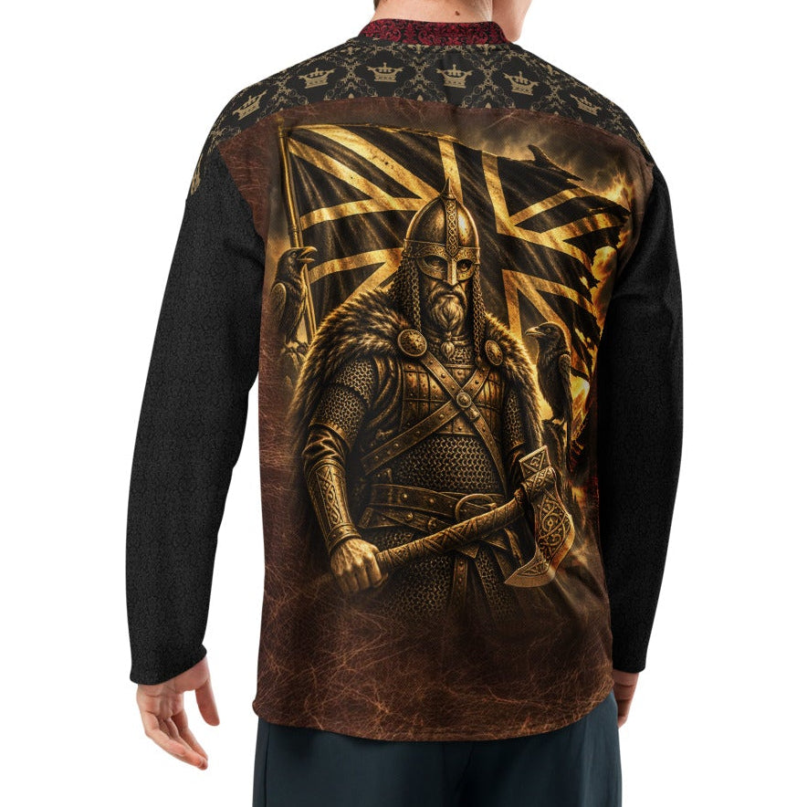 V.I.M Norse Wolf hockey jersey back showing Viking warrior, ravens and gold Union Jack flag