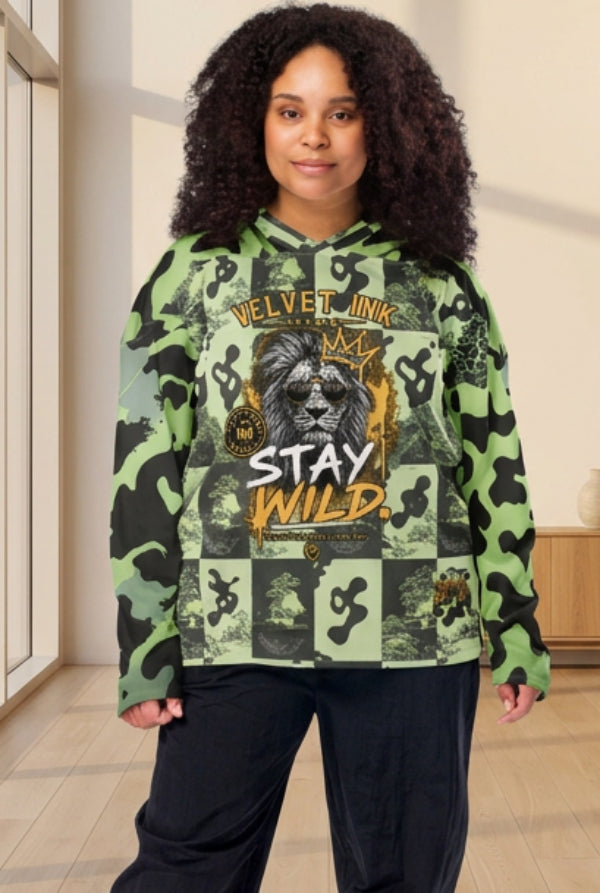 Velvet Ink Market Stay Wild Lion Green Camo Hockey Fan Jersey, front view featuring a crowned lion with sunglasses on green camouflage (additional photo 3).