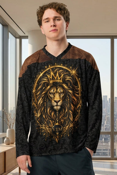 Velvet Ink Market Regal Black Leaf Lion Hockey Fan Jersey, front view featuring a gold lion on an ornate black leaf pattern.
