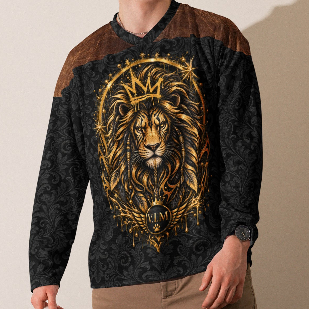 Velvet Ink Market Regal Black Leaf Lion Hockey Fan Jersey, front view featuring a gold lion on an ornate black leaf pattern (additional photo 2).