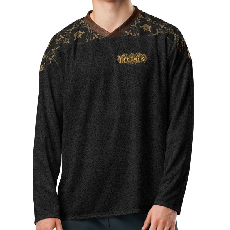 V.I.M British Roots Viking and Wolves hockey jersey front, black damask print with gold chest emblem