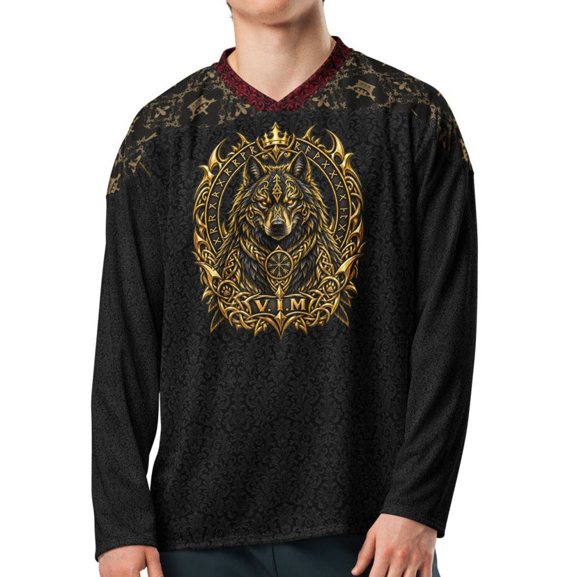 V.I.M Norse Wolf hockey jersey front with ornate gold wolf crest and V.I.M emblem