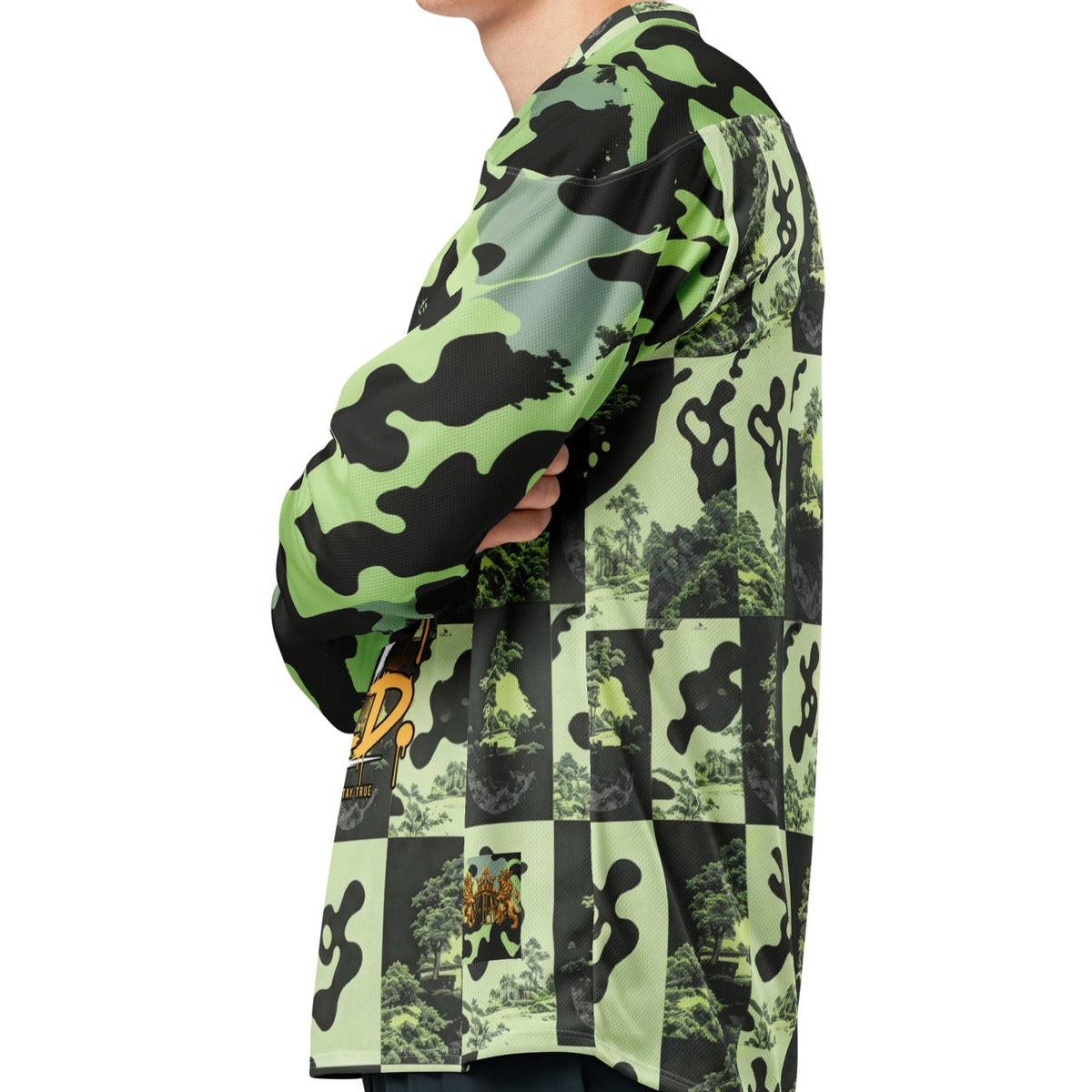 Velvet Ink Market Stay Wild Lion Green Camo Hockey Fan Jersey, left view featuring a crowned lion with sunglasses on green camouflage.