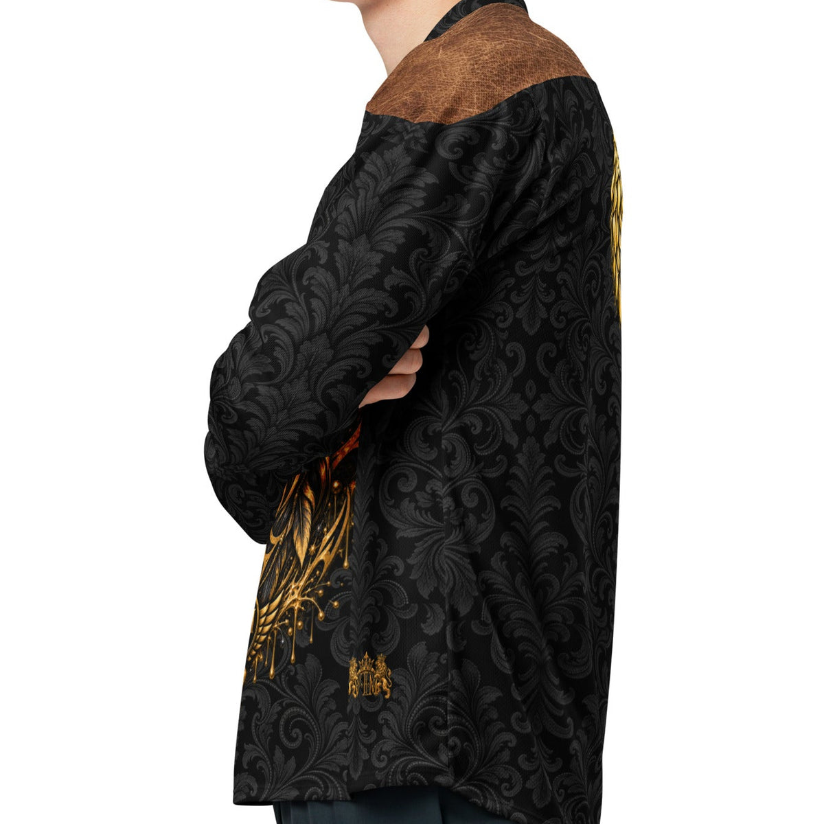 Velvet Ink Market Regal Black Leaf Lion Hockey Fan Jersey, left view featuring a gold lion on an ornate black leaf pattern.