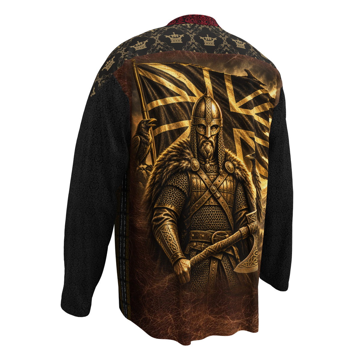 V.I.M Norse Wolf and Viking Union Jack hockey jersey rear-left view with gold Viking warrior artwork