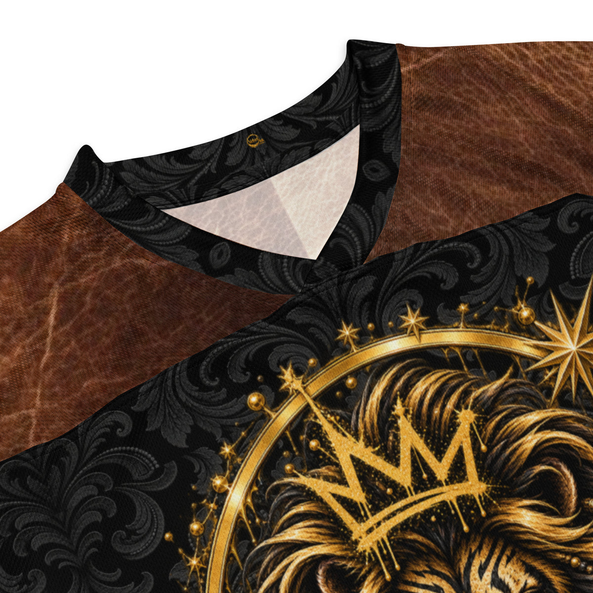 Velvet Ink Market Regal Black Leaf Lion Hockey Fan Jersey, close-up product detail featuring a gold lion on an ornate black leaf pattern.