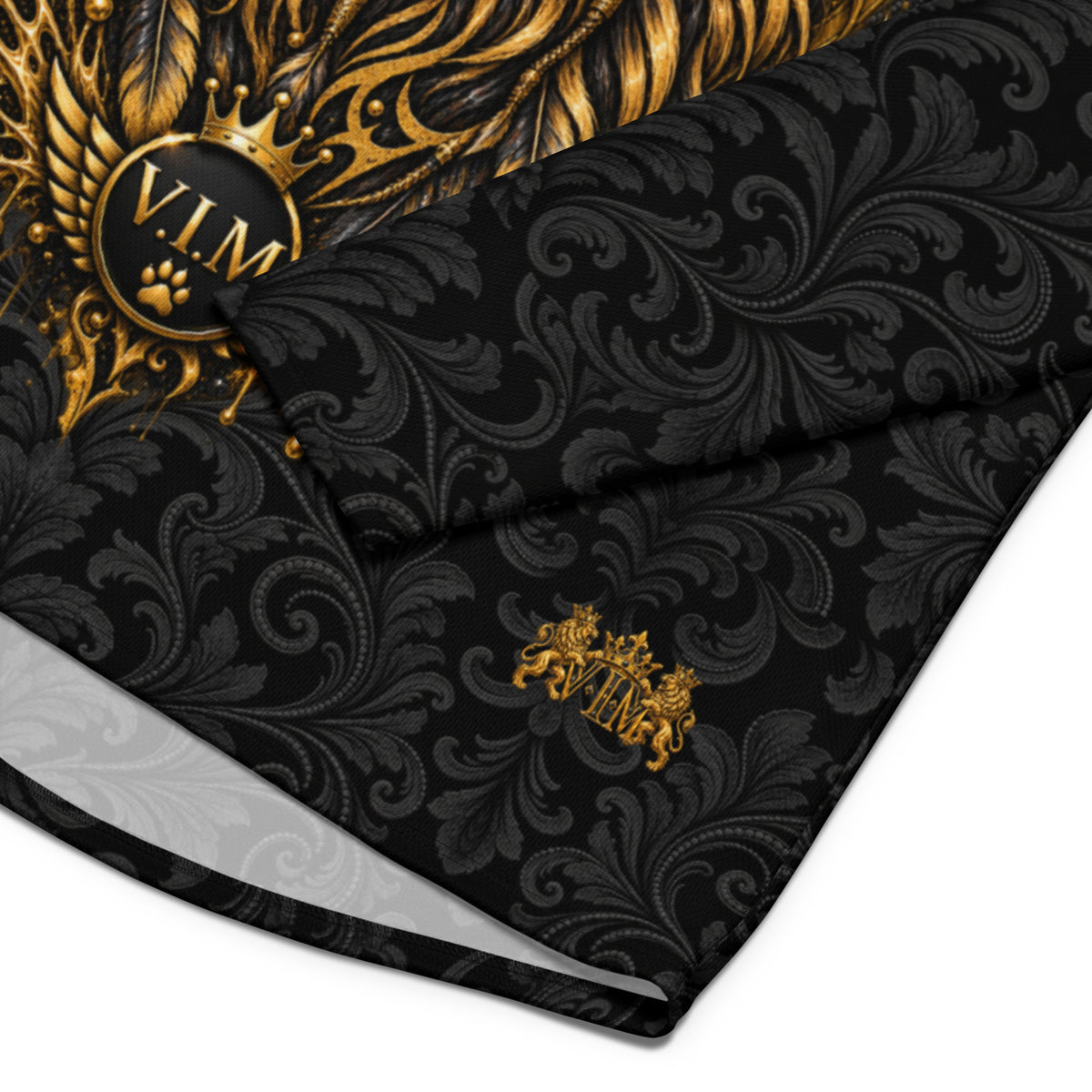 Velvet Ink Market Regal Black Leaf Lion Hockey Fan Jersey, close-up product detail featuring a gold lion on an ornate black leaf pattern (additional photo 2).